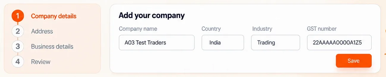 Adding your company in Clor: company name, country, industry and GST number, step one of four.